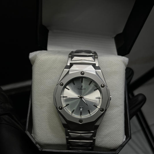 ublot Men’s Watch – Silver Stainless Steel with White Dial