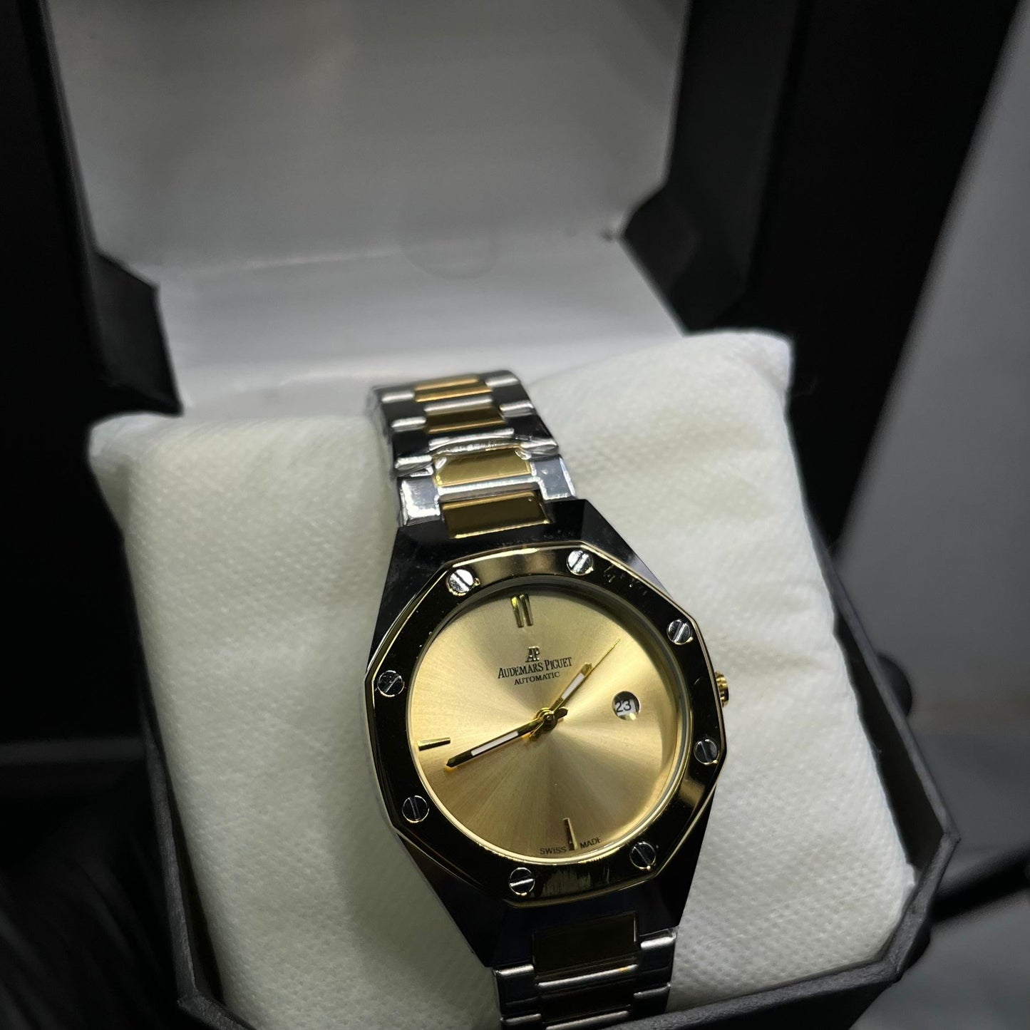 AP Luxury Stainless Steel Watch – Gold Dial with Date Display