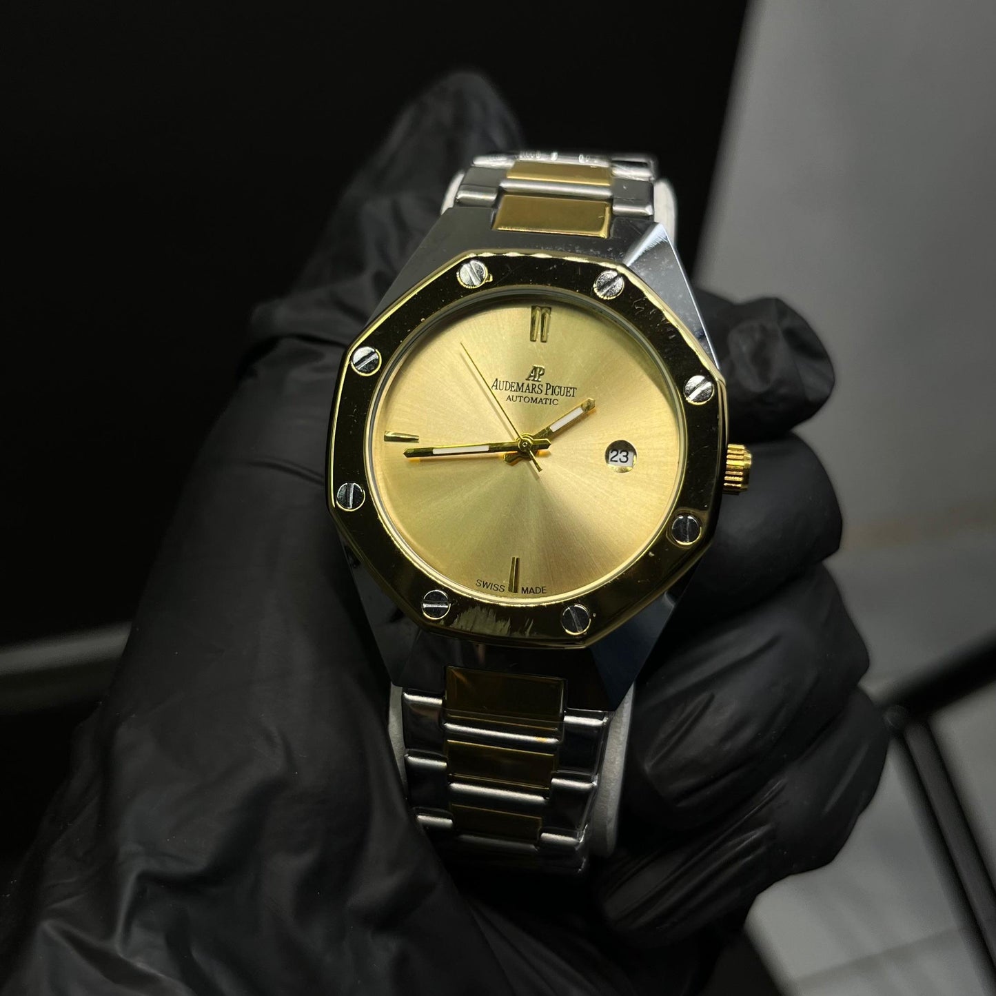 AP Luxury Stainless Steel Watch – Gold Dial with Date Display