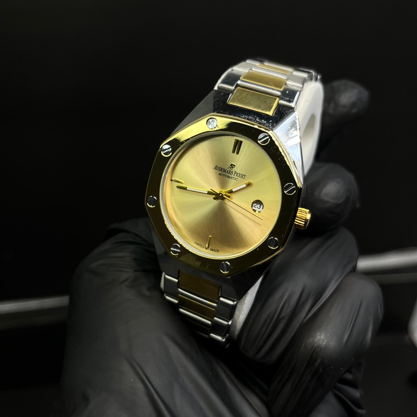 AP Luxury Stainless Steel Watch – Gold Dial with Date Display