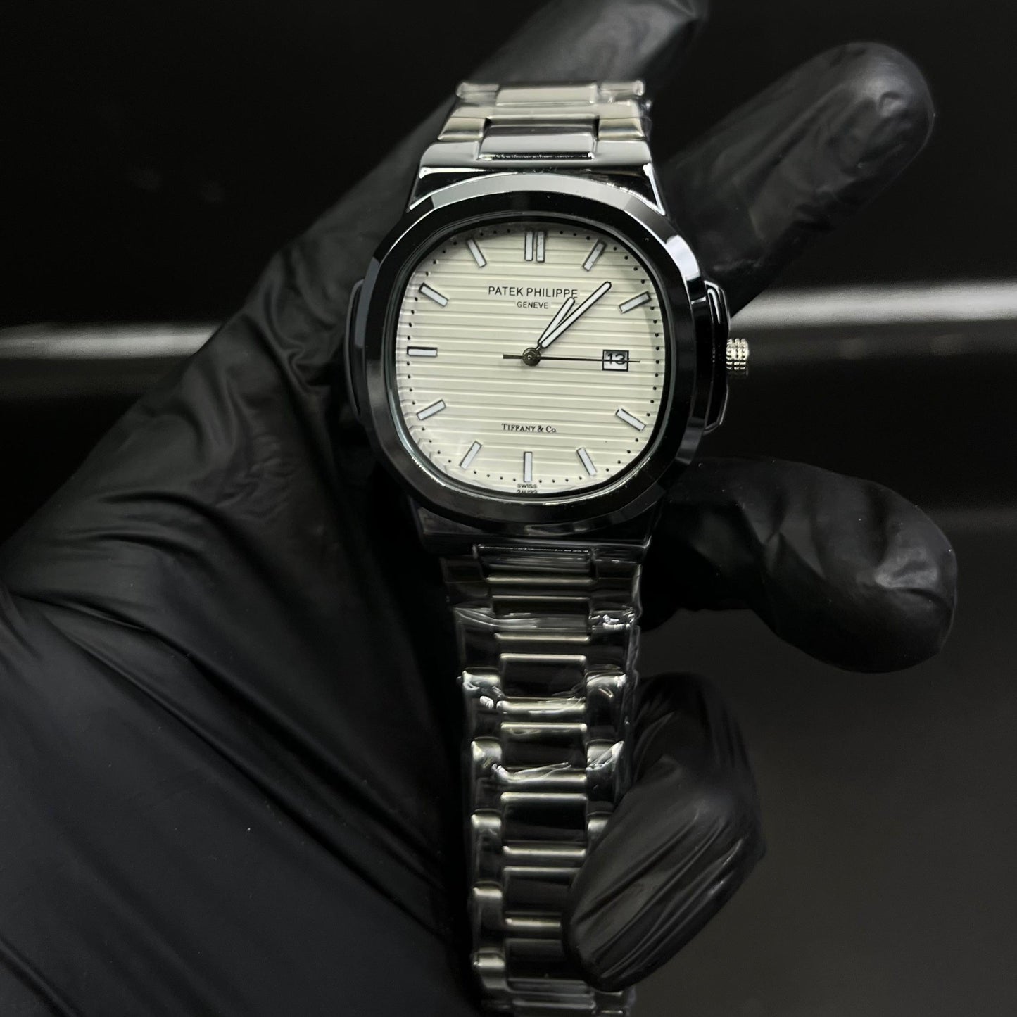 Patek Philippe White Dial Black Chain Watch – Premium Quality with Box