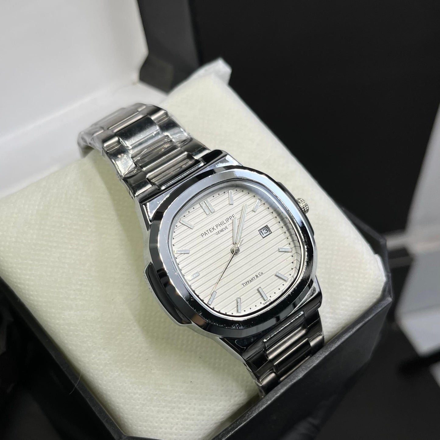 Patek Philippe White Dial Black Chain Watch – Premium Quality with Box
