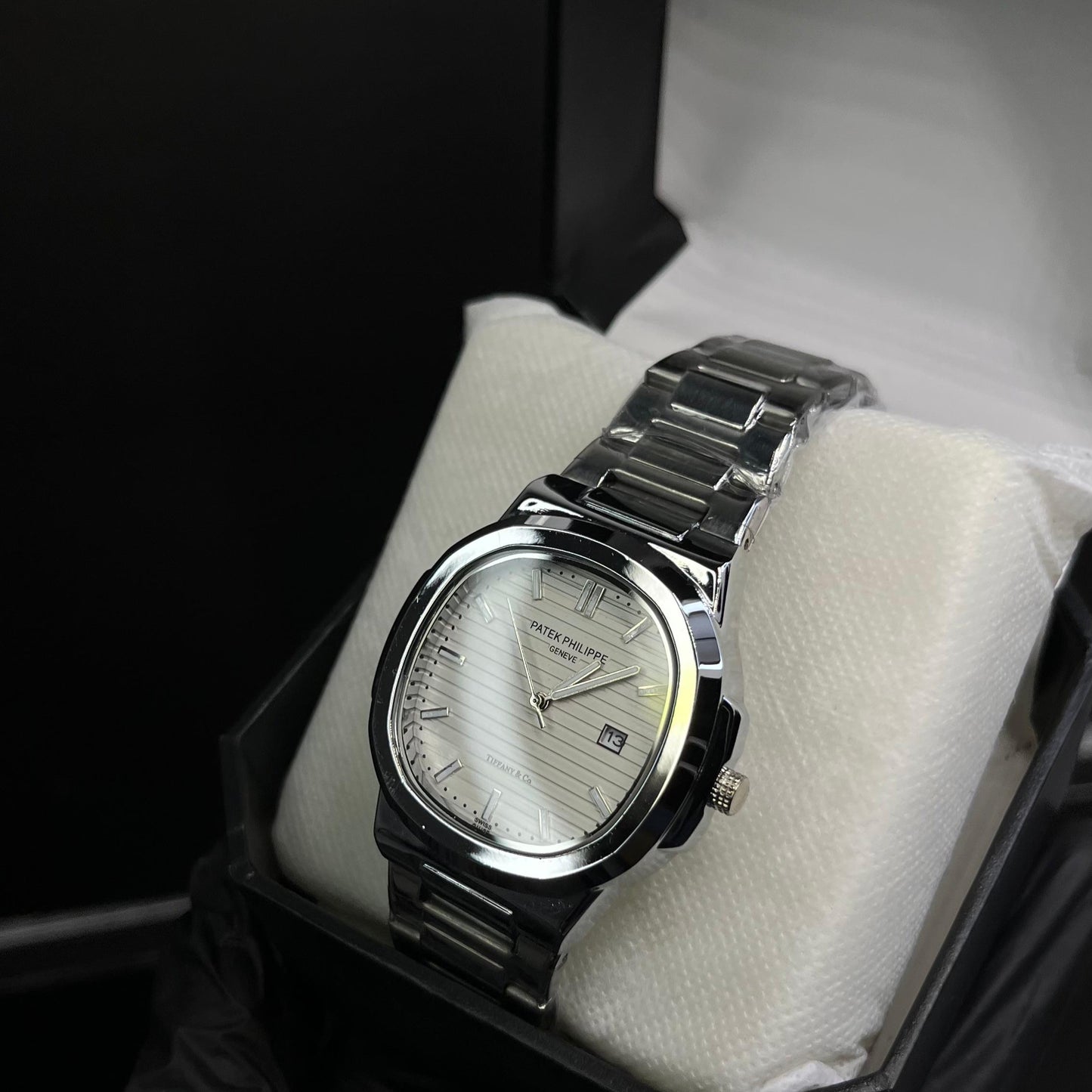 Patek Philippe White Dial Black Chain Watch – Premium Quality with Box