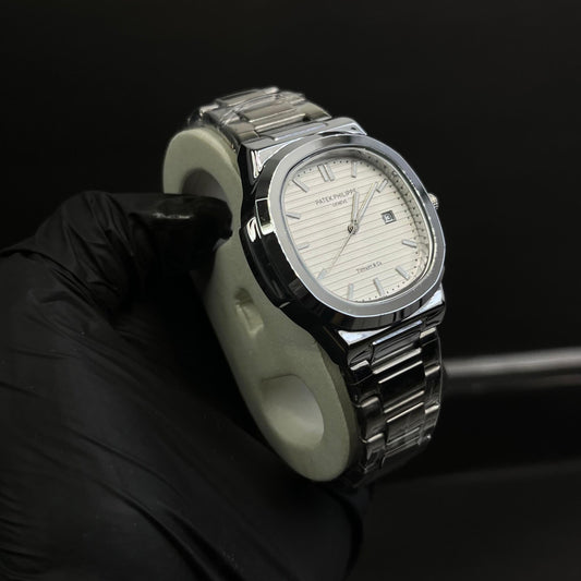 Patek Philippe White Dial Black Chain Watch – Premium Quality with Box