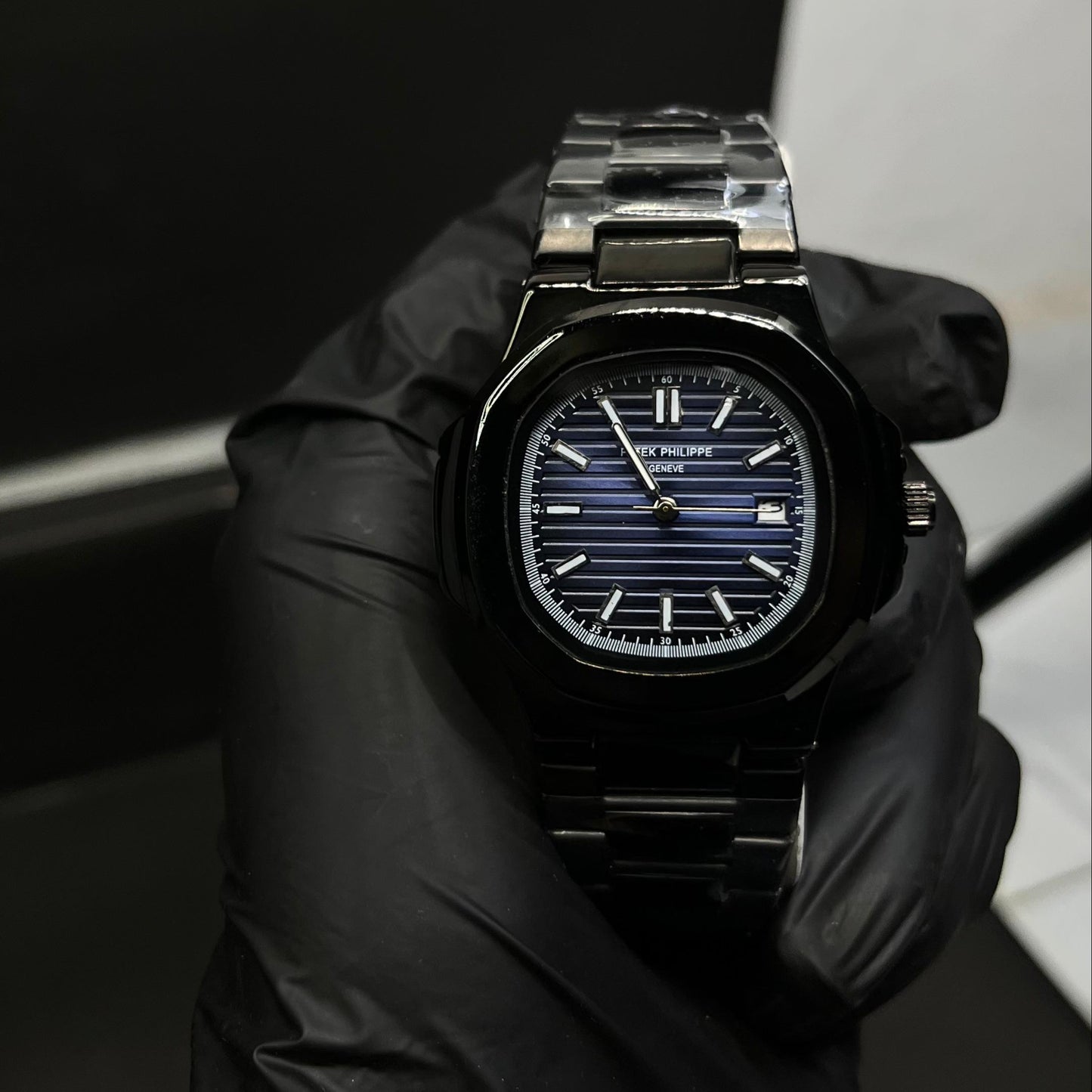 Black Patek Philippe With Light Blue Dial And Branding At The Back
