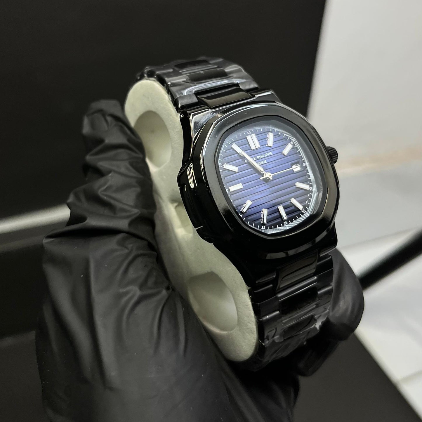 Black Patek Philippe With Light Blue Dial And Branding At The Back