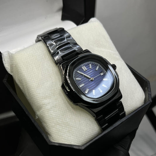 Black Patek Philippe With Light Blue Dial And Branding At The Back