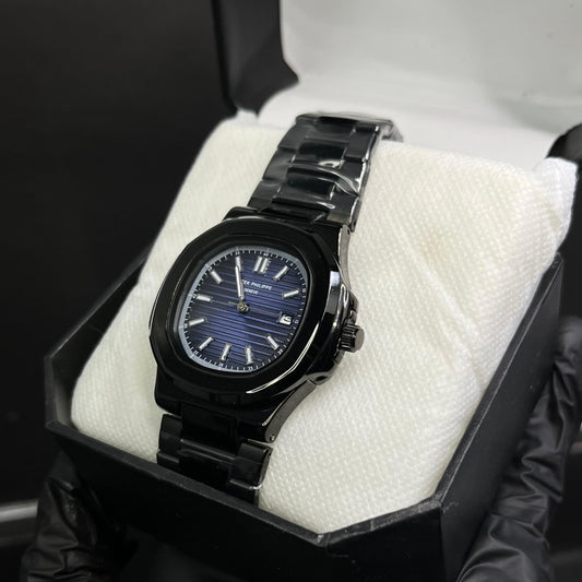 Black Patek Philippe With Light Blue Dial And Branding At The Back