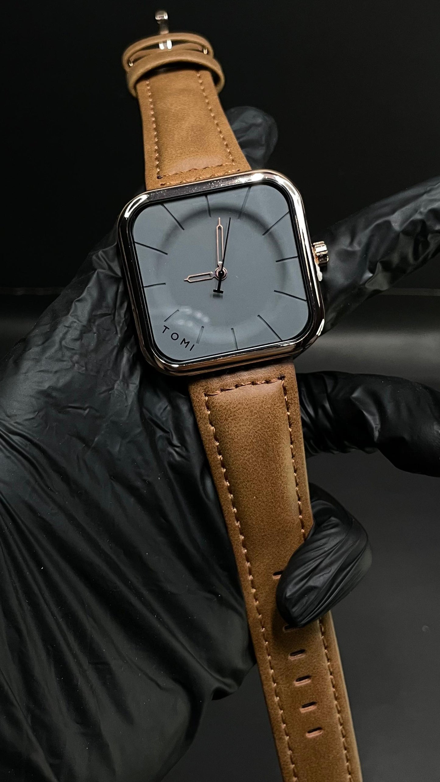 TOMI Square Dial Watch with Brown Leather Strap