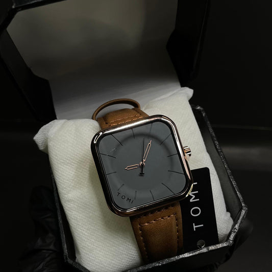 TOMI Square Dial Watch with Brown Leather Strap