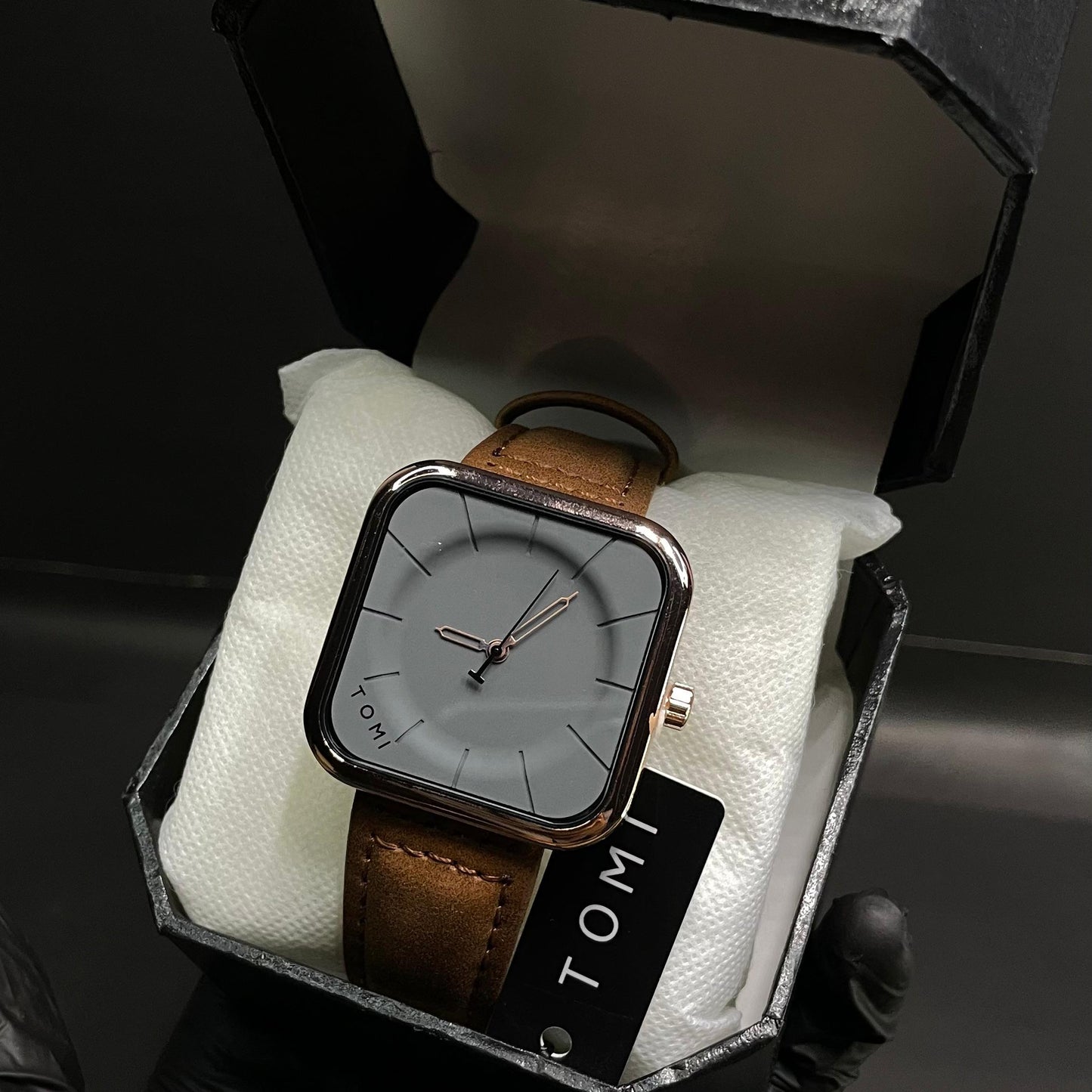 TOMI Square Dial Watch with Brown Leather Strap