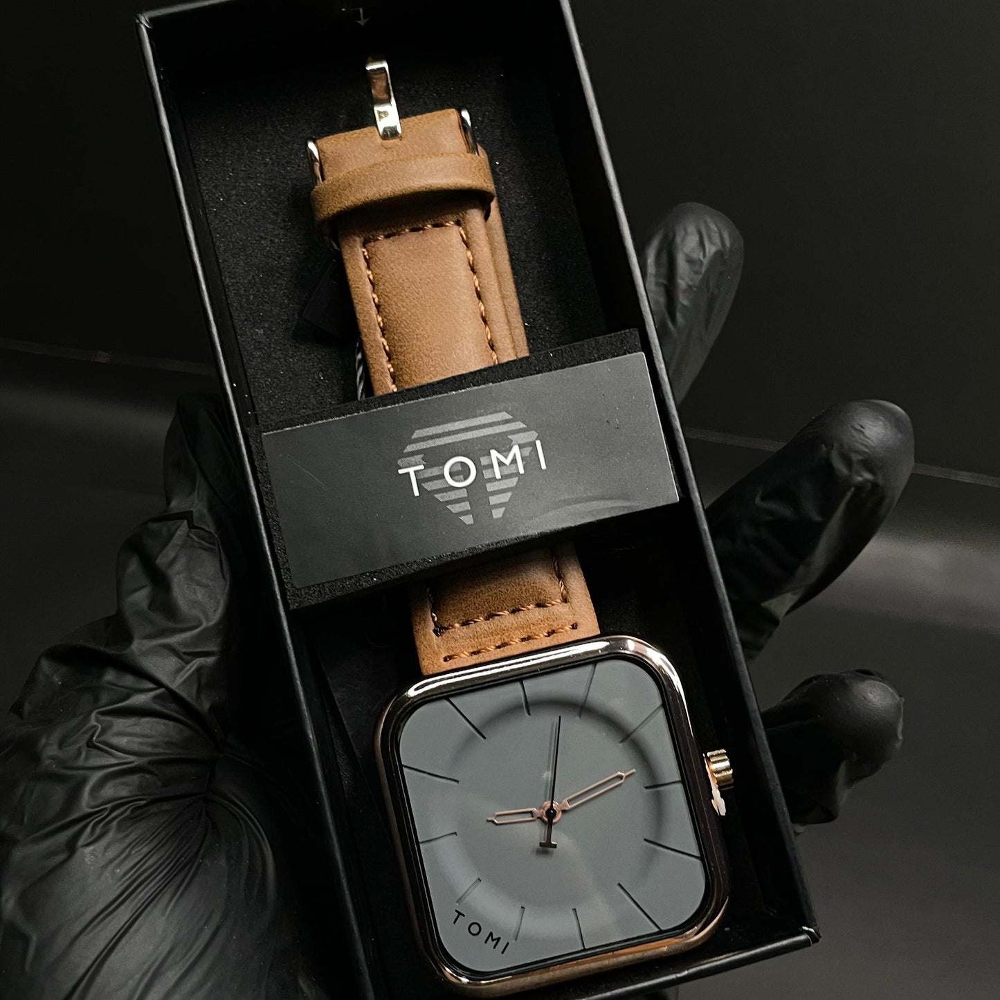 TOMI Square Dial Watch with Brown Leather Strap