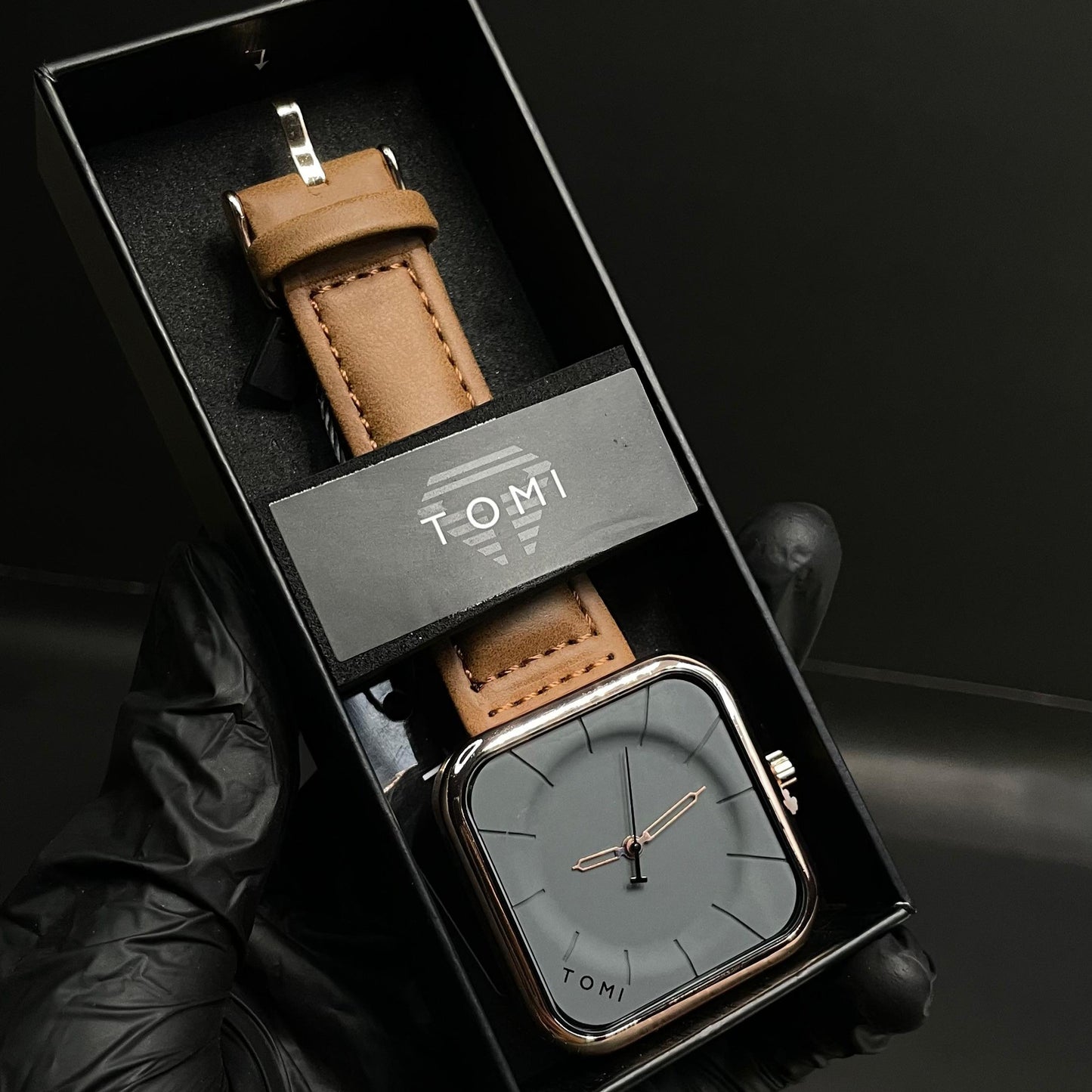 TOMI Square Dial Watch with Brown Leather Strap