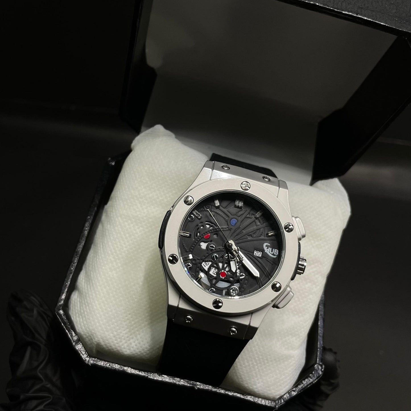 Hublot Men’s Luxury Strap Watch – Black Dial with Chronograph Design