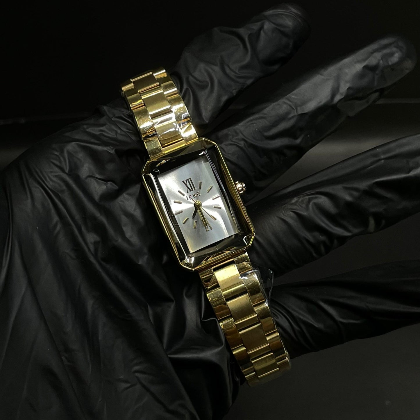 IEKE Women’s Rectangular Gold-Tone Watch – White Dial with Roman Numerals