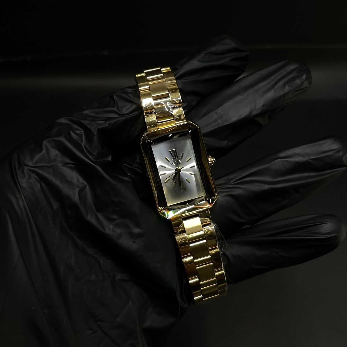 IEKE Women’s Rectangular Gold-Tone Watch – White Dial with Roman Numerals