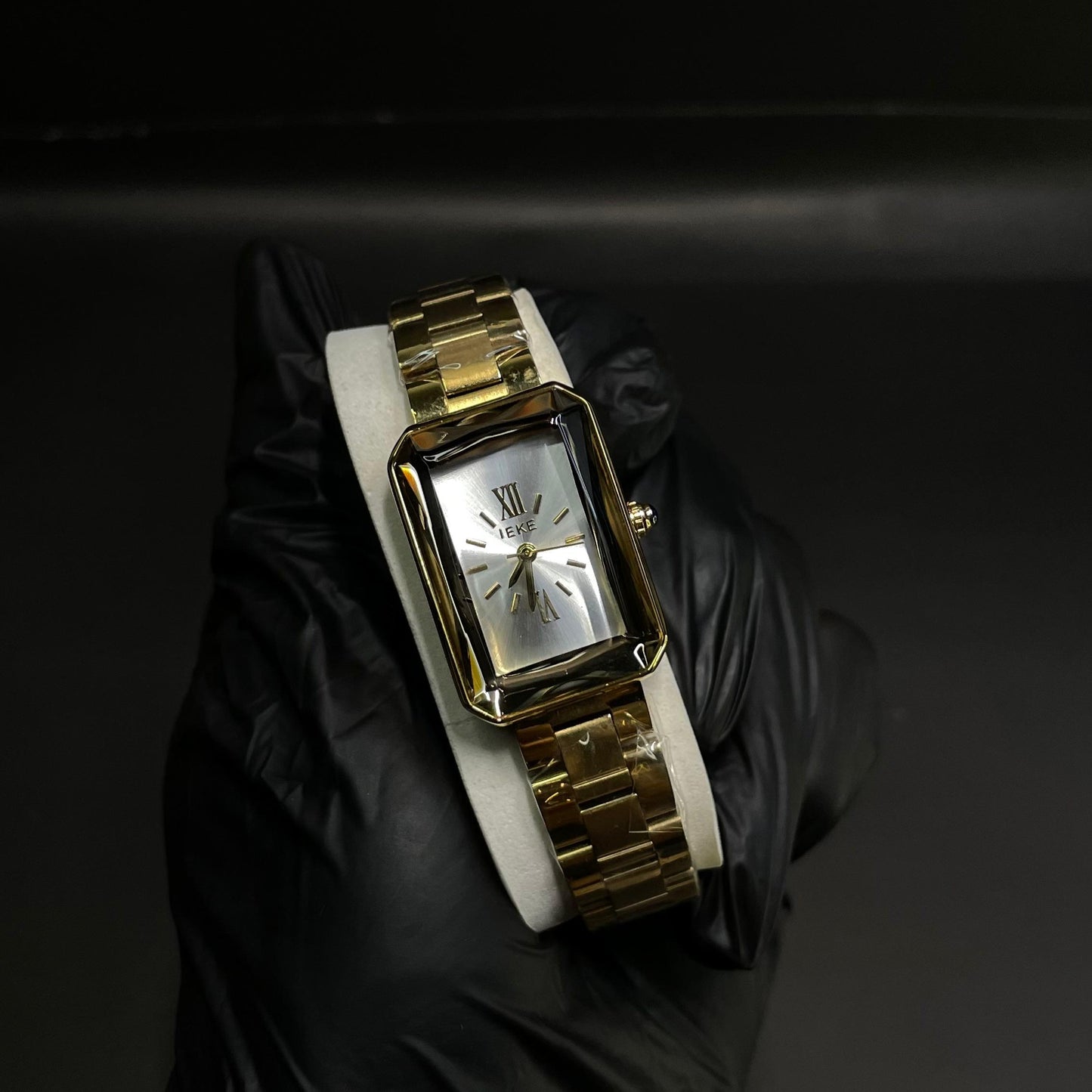 IEKE Women’s Rectangular Gold-Tone Watch – White Dial with Roman Numerals