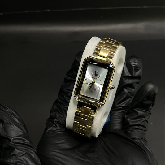 IEKE Women’s Rectangular Gold-Tone Watch – White Dial with Roman Numerals