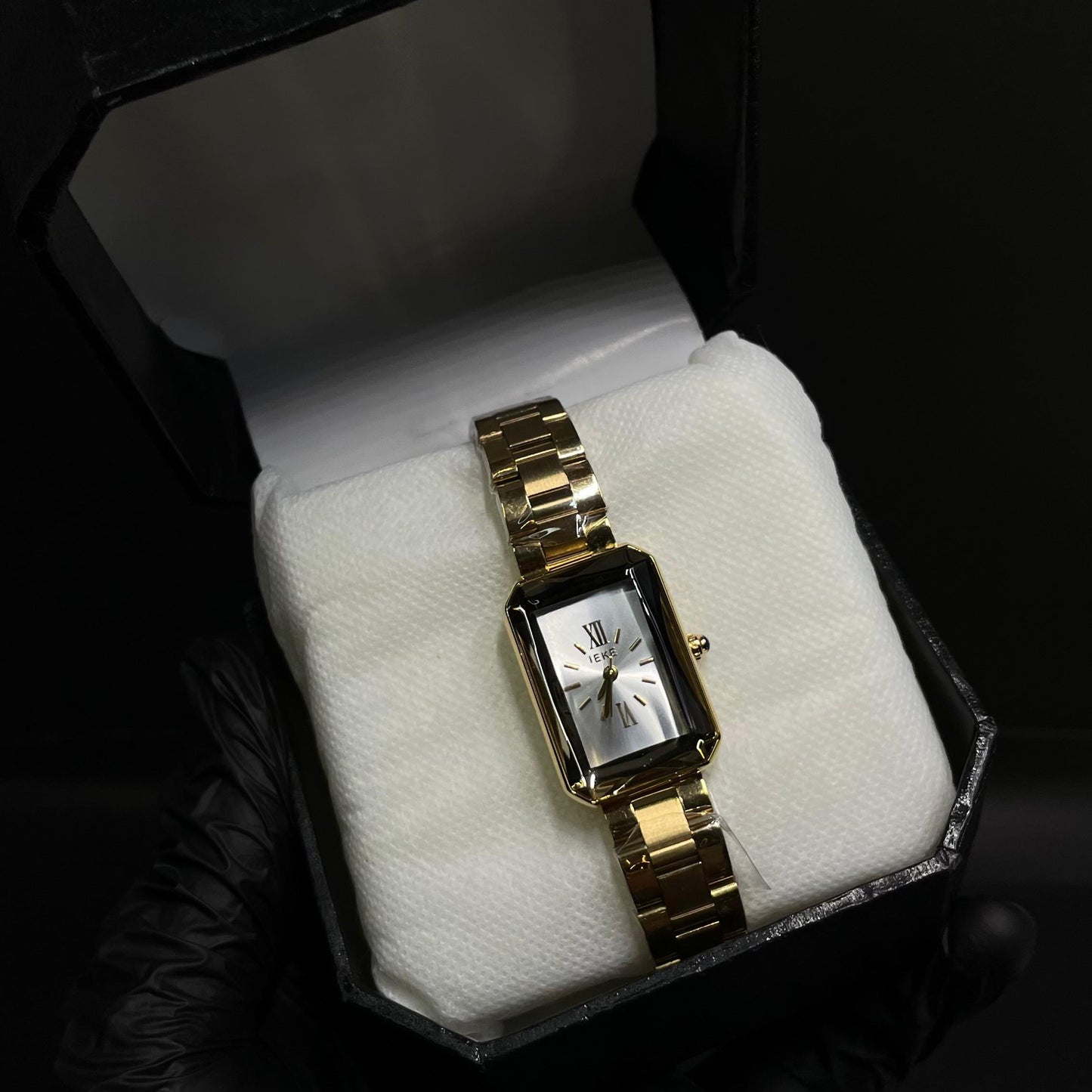 IEKE Women’s Rectangular Gold-Tone Watch – White Dial with Roman Numerals