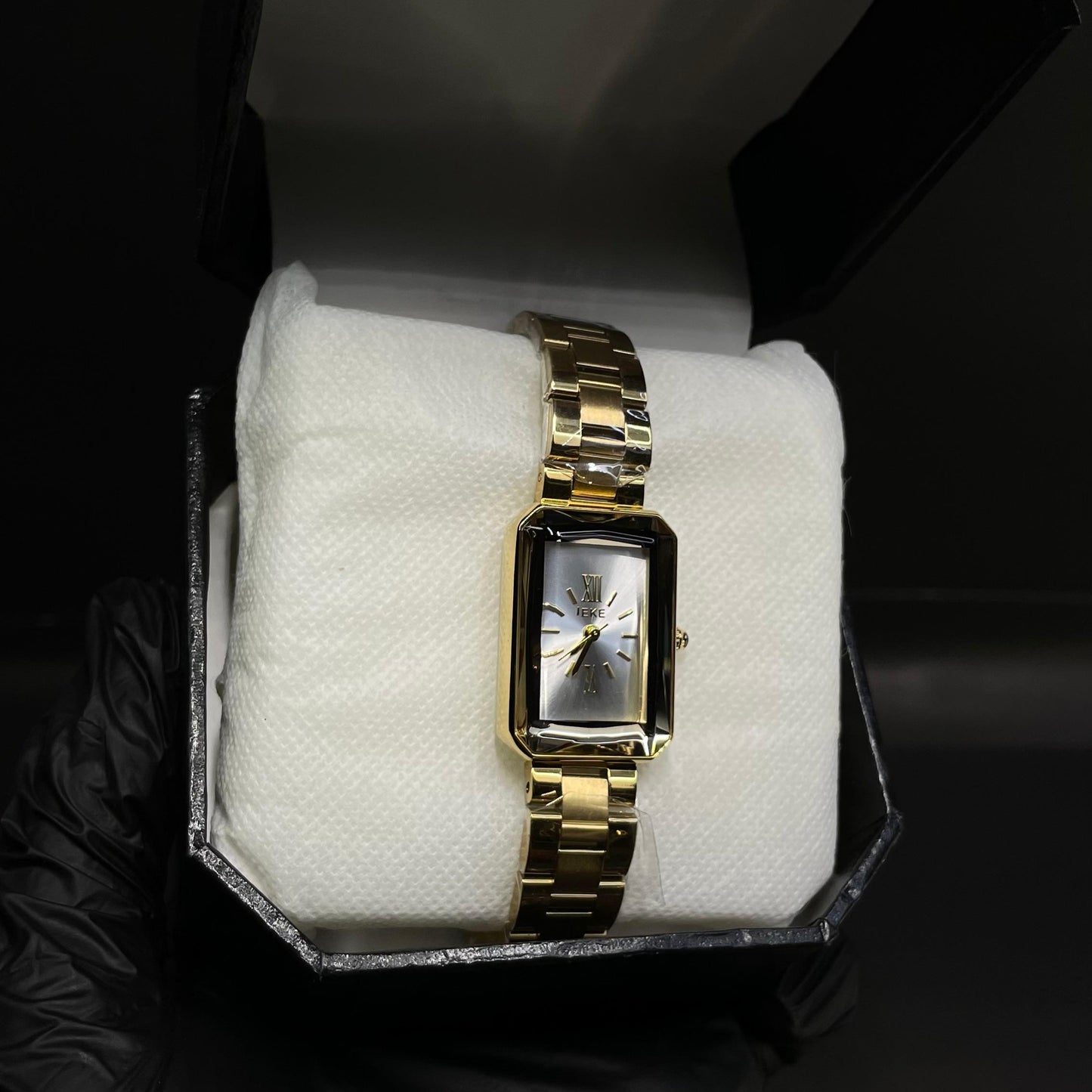IEKE Women’s Rectangular Gold-Tone Watch – White Dial with Roman Numerals