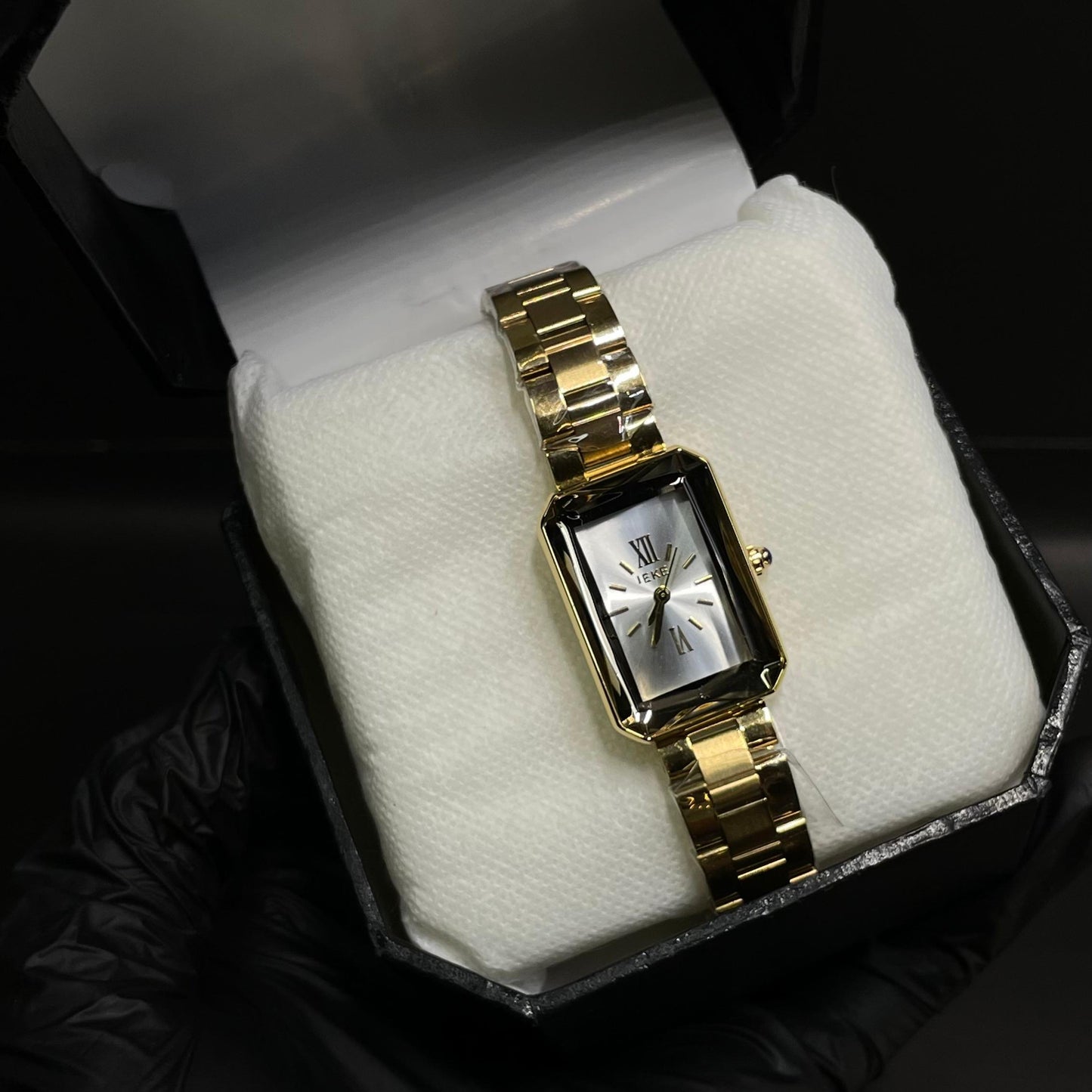 IEKE Women’s Rectangular Gold-Tone Watch – White Dial with Roman Numerals