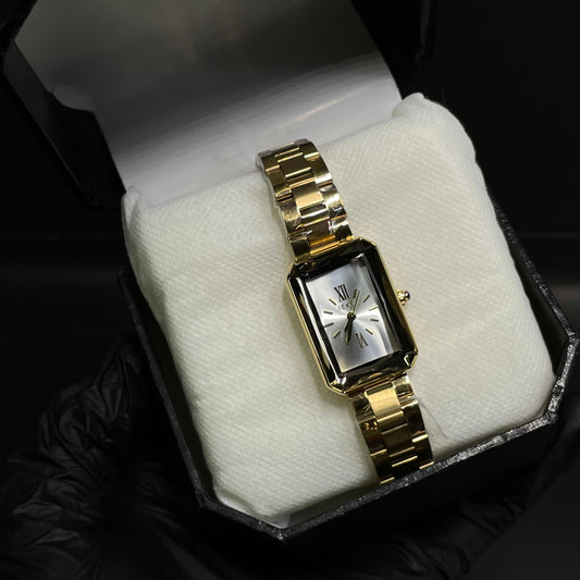 IEKE Women’s Rectangular Gold-Tone Watch – White Dial with Roman Numerals