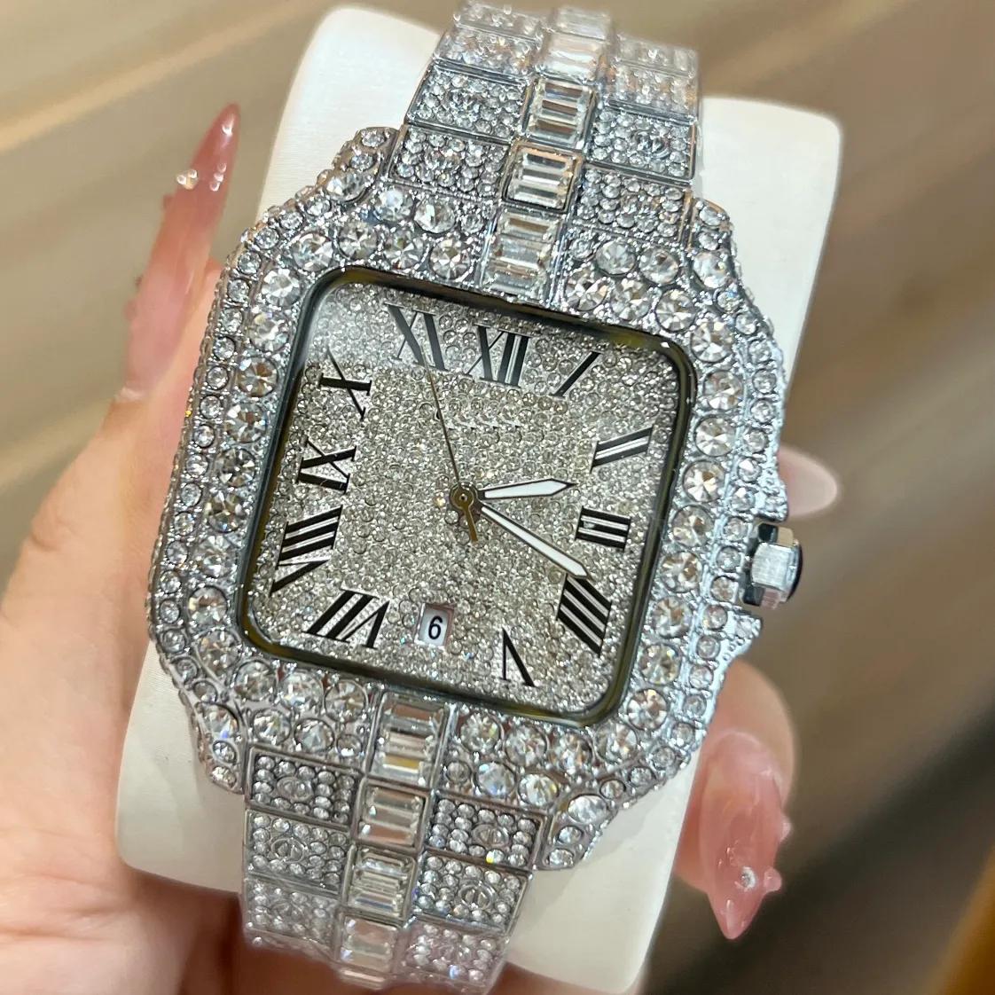 Luxury Iced-Out Silver Roman Dial Watch – Full Diamond Look  Description: