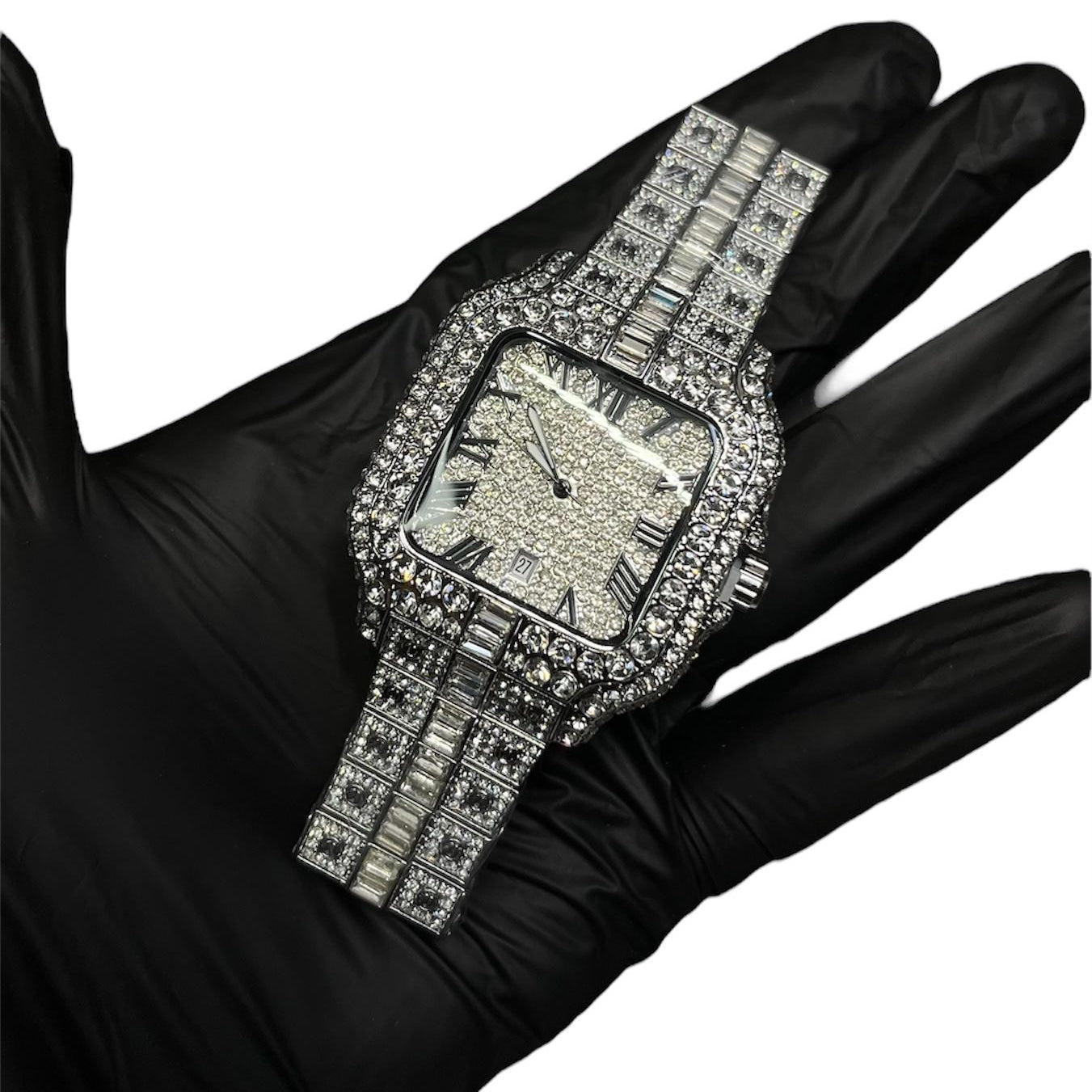 Luxury Iced-Out Silver Roman Dial Watch – Full Diamond Look  Description: