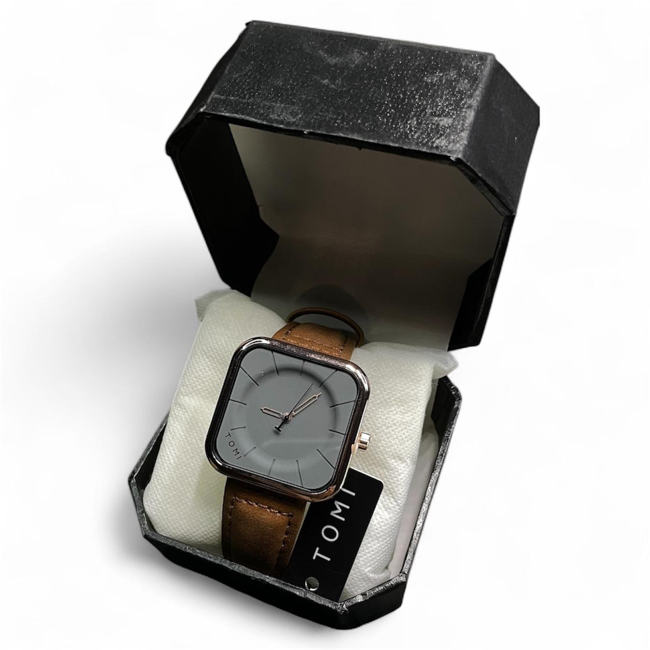 TOMI Square Dial Watch with Brown Leather Strap