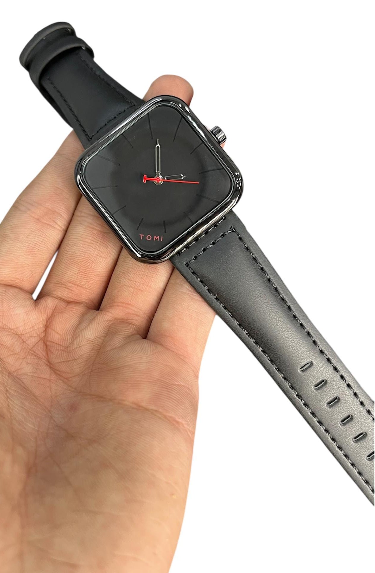 TOMI Black Square Dial Watch with Leather Strap