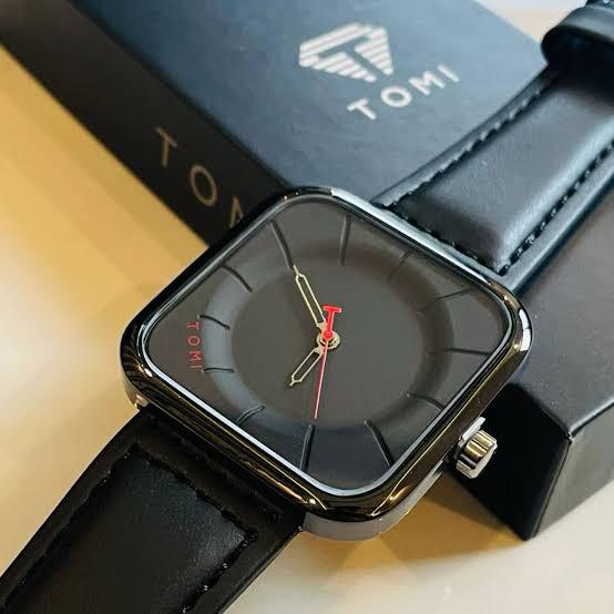TOMI Black Square Dial Watch with Leather Strap