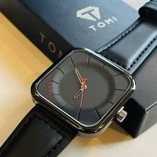 TOMI Black Square Dial Watch with Leather Strap