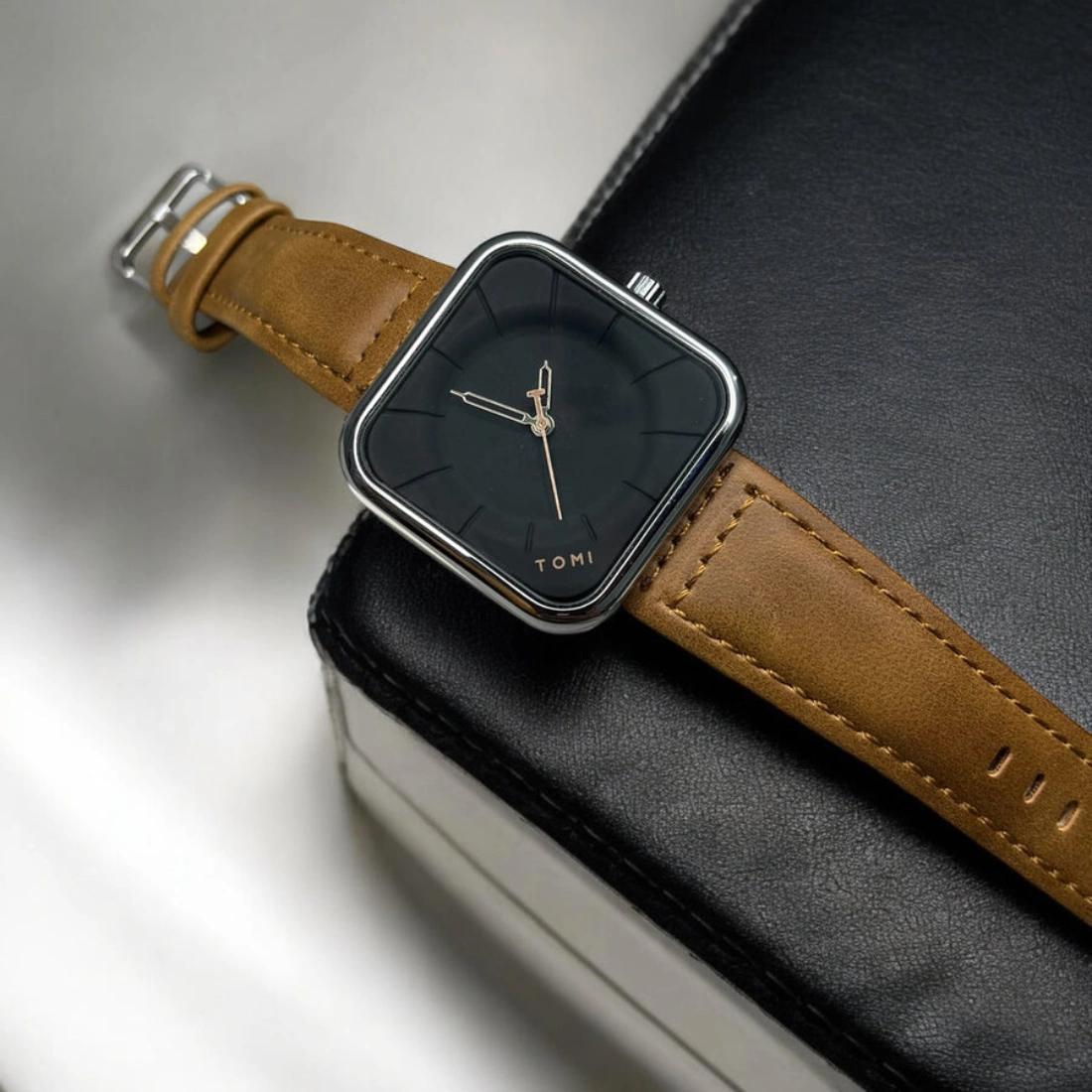 TOMI Square Dial Watch with Brown Leather Strap