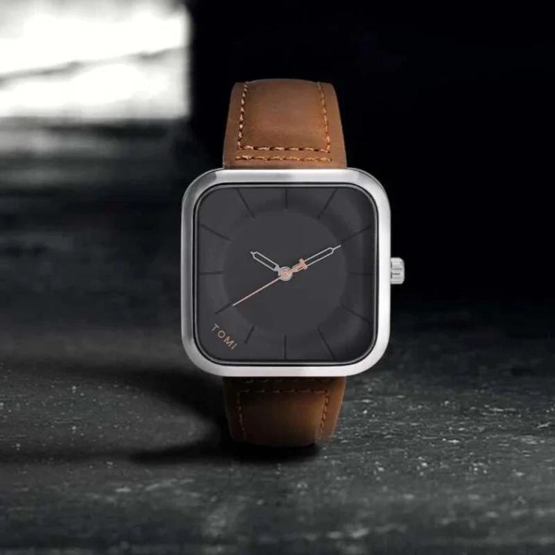 TOMI Square Dial Watch with Brown Leather Strap